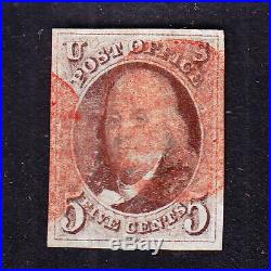 US 1 5c Franklin Used with 4 Margins and Red Cork Cancels XF SCV $500
