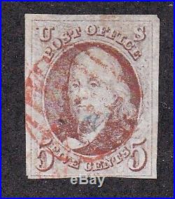 US #1 5c red brown Franklin 1847 used red cancel clear margins clean back