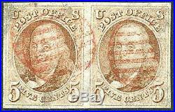 US #1 SUPERB Used 5c Pale Brown Franklin Pair withRed Grid Cancels from 1847