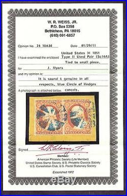 US 10a 3c Washington Used Pair with Blue Circle of Wedges Fancy Cans & Weiss Cert