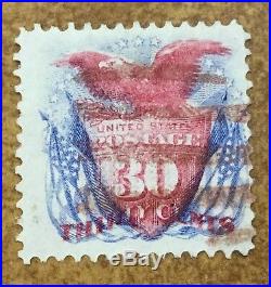 US #121 30c eagle and shield 1869 issue, dark red or brown cancel