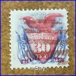 US #121 30c eagle and shield 1869 issue, dark red or brown cancel