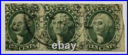 US #15 1855 green Wash. Type III horiz. Strip/3 Used, CDS postmark $625 SCV