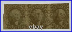 US #15 1855 green Wash. Type III horiz. Strip/3 Used, CDS postmark $625 SCV