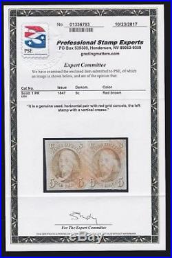 US 1847 1 5c Franklin Issue Used Pair VF-XF appr with Red Grids & PSE Cert SCV$850