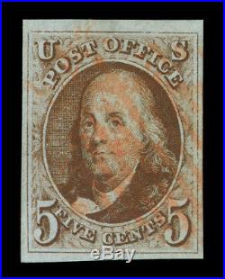 US 1847 Franklin 5c dk red brown, bluish paper Scott #1 used VF-XF red cancel