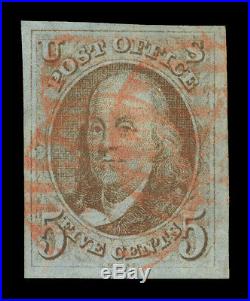 US 1847 Franklin 5c red brown, bluish paper Scott #1 used XF red cancel