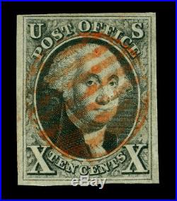 US 1847 Washington 10c black Sc# 2 used VF+ red grid cancel beautiful stamp