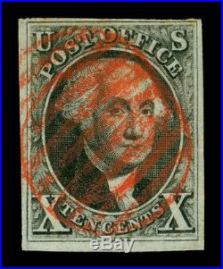 US 1847 Washington 10c black Sc# 2 used VF red grid cancel lovely stamp