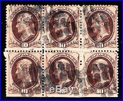 US 188 10c Jefferson Used Block of 6 F-VF appr with Wiess Cert SCV $400+