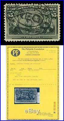 US 1893 COLUMBIAN Exposition $5 black Sc# 245 used VF-XF stamp withCERT. GEM