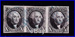 US 2 10c Washington Used strip of 3 with PF Certificate VF SCV $10,000