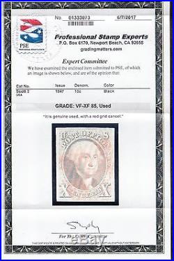 US 2 10c Washington Used withLight Red Grid Cancel PSE Cert 85 SMQ $1225