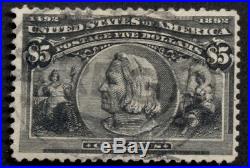 US #245 $5.00 Columbian, used withlight cancel, tiny thin speck, Miller cert