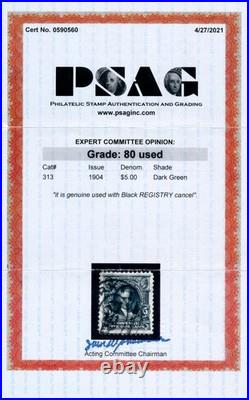 US 313 $5 Second Bureau 1903 John Marshall watermark perf 12 PSAG grade 80 used