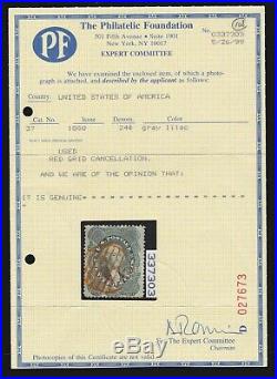 US 37 1860 24c Washington Used VF-XF'85' with Red Grid Cancels & 2 PF Certs