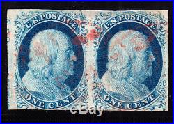 US 9 1c Franklin Used Pair with Red CDS Cancel Pos 23-24 R1L VF SCV $260