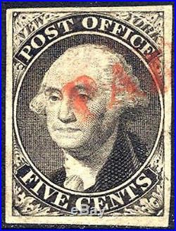 US 9X1e SUPERB Used 5c Washington withRed PAID Cancel from 1846, APS Certificate