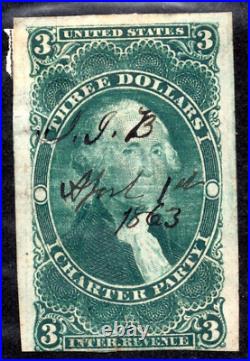 US REVENUE 1860s THREE DOLLARS IMPERF SCOTT #R85a CHARTED PARTY