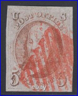 US Sc 1 used. 1847 5c red brown Franklin, red grid cancel, fresh. PF Cert