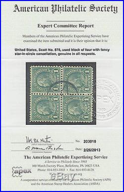 US Sc 578-579 used. 1923 1c & 2c Rotary Press cplt, matching blocks of 4, Cert