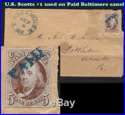 US Scott #1 used on Cover PAID tied Baltimore Sep 9 Cancelled in BLUE CV$560