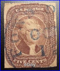 US Scott #12 5c Jefferson Type 1 Imperf Rare Stamp Blue Oct 12th Town Date