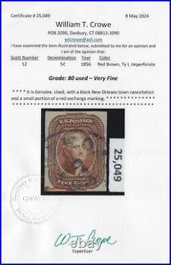 US Scott # 12 Crowe Graded VF 80 New Orleans & Red Exchange Cancels (P7)