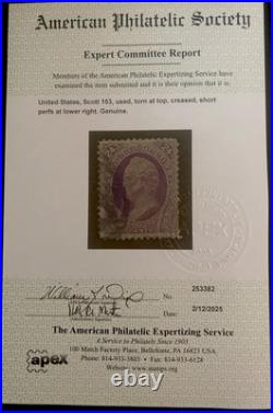 US Scott #153 Used Stamp APEX Certification