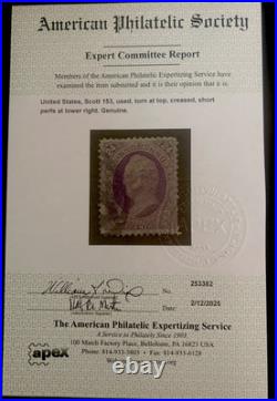 US Scott #153 Used Stamp APEX Certification