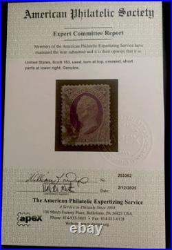 US Scott #153 Used Stamp APEX Certification