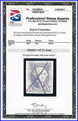US Scott # 2 Used 4 Large Margins with PSE Certificate GRADED F-VF 75