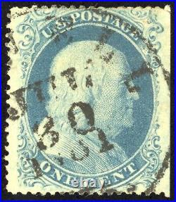 US Scott 20 Used 1c Blue Type II, Plate 12, Cert cancel 7/30/1861 AA010 bhmstamp