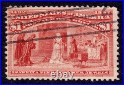 US Scott 241, 1893 Queen Isabella Pledging Her Jewels, $1 salmon, FINE USED