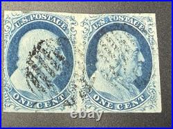 US Stamp Scott 1c Blue Franklin #9 Joined Pair, Type IV, VF Centering