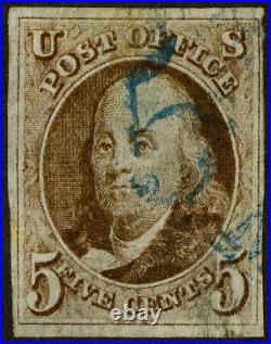 US Stamps # 1 Used 4 Margins Blue Numeral 5 Cancel Fresh Color