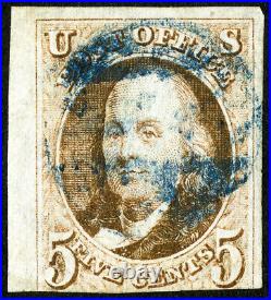 US Stamps # 1 Used VF Huge Margins Blue Cancel