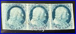 US Stamps 1851 Franklin 1c STRIP OF 3 Type IV Light Pen Cancel