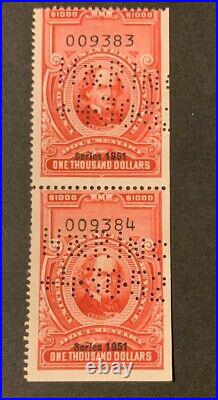 US Stamps Revenues Series 1951 R585 $1000 Rare Pair UNH D2/56 Nice Piece