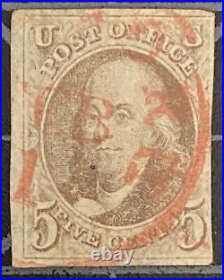 US Stamps SC# 1 Used 3 Margins Red Cancel SCV = $575.00