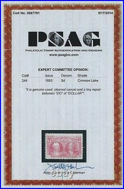 US Stamps Sc# 244 $4 Columbian Used JUMBO XF 2014 PSAG Cert (A-862)