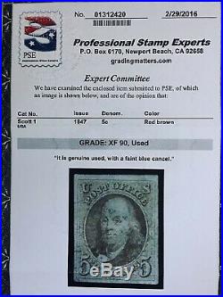 US Stamps, Scott #1 1847 5c'used' 2016 PSE Cert Graded XF 90