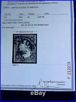 US Stamps, Scott #11A 1853 3c'used' 2009 PFC Graded XF-S 95