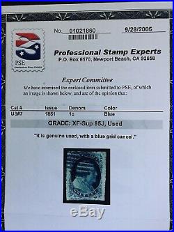 US Stamps, Scott #7 Type ll 1851 1c'used' 2005 PSE Cert GC XF/Sup 95 Jumbo