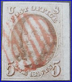 USA 1847 5c Franklin #1a XF with light red Grid Jumbo margin+certify cat. $1,175