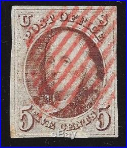 USA 1847 Scott#1 used 5 Cent Franklin Red Gred Cancel 4 Margins