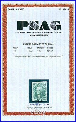 USA 1855. Scott #13 Beautiful Used stamp appearing Mint. PSAG Cert. Cat $900