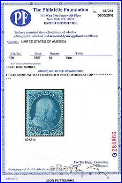 USA 1857 Scott#19b used blue cancel with Philatelic Foundation certificate