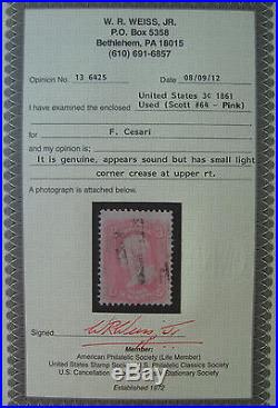 USA 1861-62 3c #64 Pink F-VF light Cancel with Weiss Certify