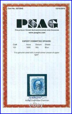 USA 1868 Scott #101 Used Sharp impression of stamp & grill PSAG Cert Cat $2250